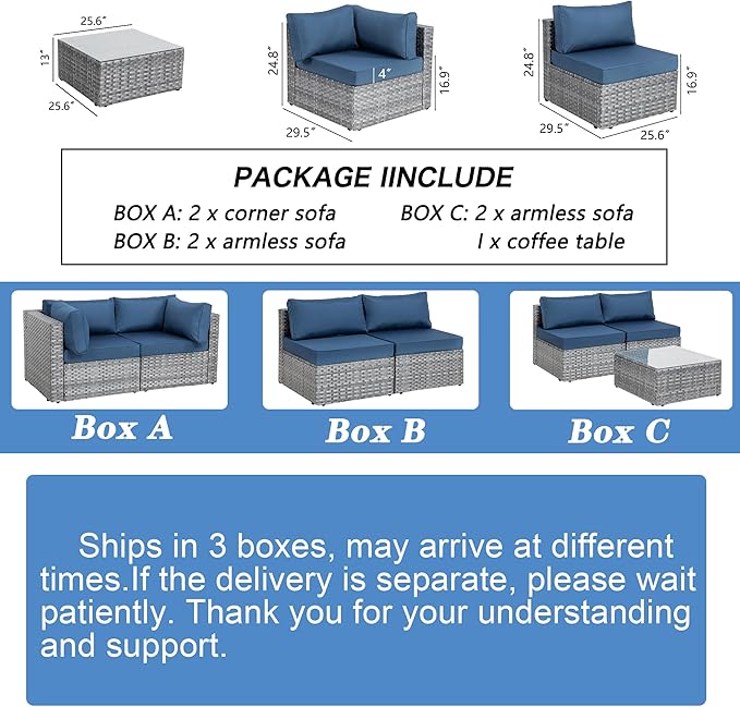 Shintenchi 7 Pieces Outdoor Patio Sectional Sofa Couch, Silver Gray PE Wicker Furniture Conversation Sets with Washable Cushions & Glass Coffee Table for Garden, Poolside, Backyard (Aegean Blue)