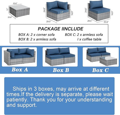 Shintenchi 7 Pieces Outdoor Patio Sectional Sofa Couch, Silver Gray PE Wicker Furniture Conversation Sets with Washable Cushions & Glass Coffee Table for Garden, Poolside, Backyard (Aegean Blue)