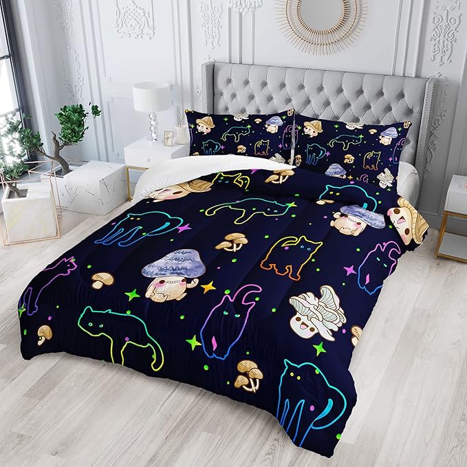 Mushroom Kawaii Cat Comforter Set Full Size Kids Mushroom Bedding Set Star Theme Quilt Bed Set for Boys Girls Adults with 1 Comforter and 2 Pillowcases