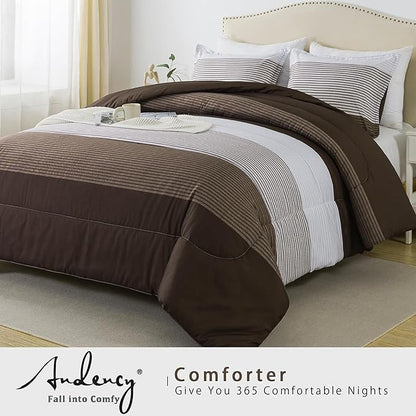 Andency Stripe Comforter Set Twin Size (66x90 Inch), 2 Pieces Brown Patchwork Striped Comforter, Soft Microfiber Down Alternative Comforter Bedding Set with Corner Loops
