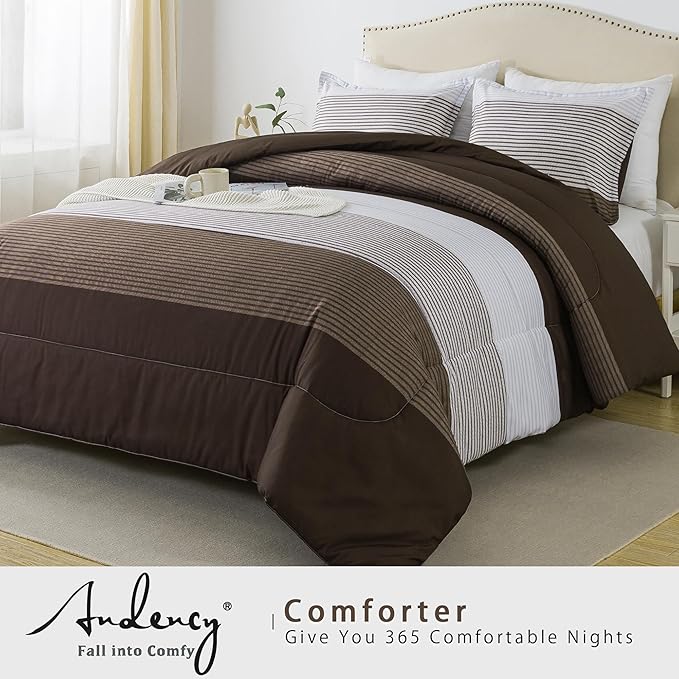 Andency Stripe Comforter Set King Size (104x90 Inch), 3 Pieces Brown Patchwork Striped Comforter, Soft Microfiber Down Alternative Comforter Bedding Set with Corner Loops