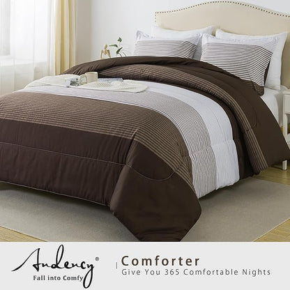 Andency Stripe Comforter Set King Size (104x90 Inch), 3 Pieces Brown Patchwork Striped Comforter, Soft Microfiber Down Alternative Comforter Bedding Set with Corner Loops