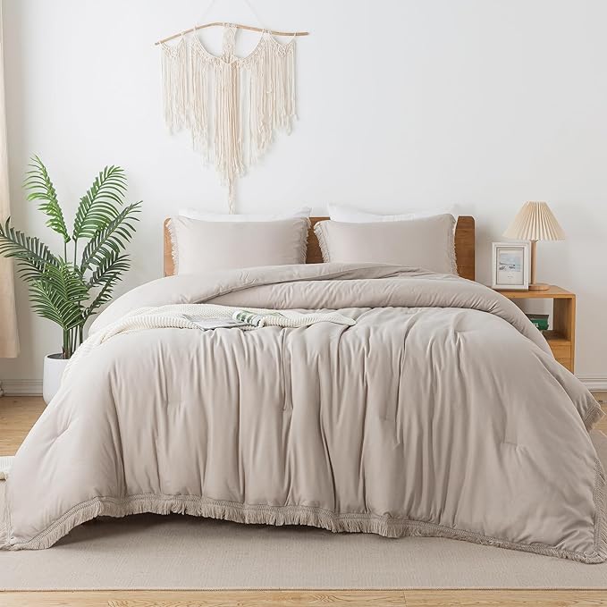 Andency Oatmeal Comforter Set Full Size, 3 Pieces Boho Tassel Lightweight Bedding Comforter Sets, All Season Soft Fluffy Fringe Bed Set (79x90In Comforter & 2 Pillowcases)