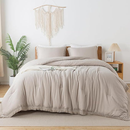 Andency Oatmeal Comforter Set Full Size, 3 Pieces Boho Tassel Lightweight Bedding Comforter Sets, All Season Soft Fluffy Fringe Bed Set (79x90In Comforter & 2 Pillowcases)