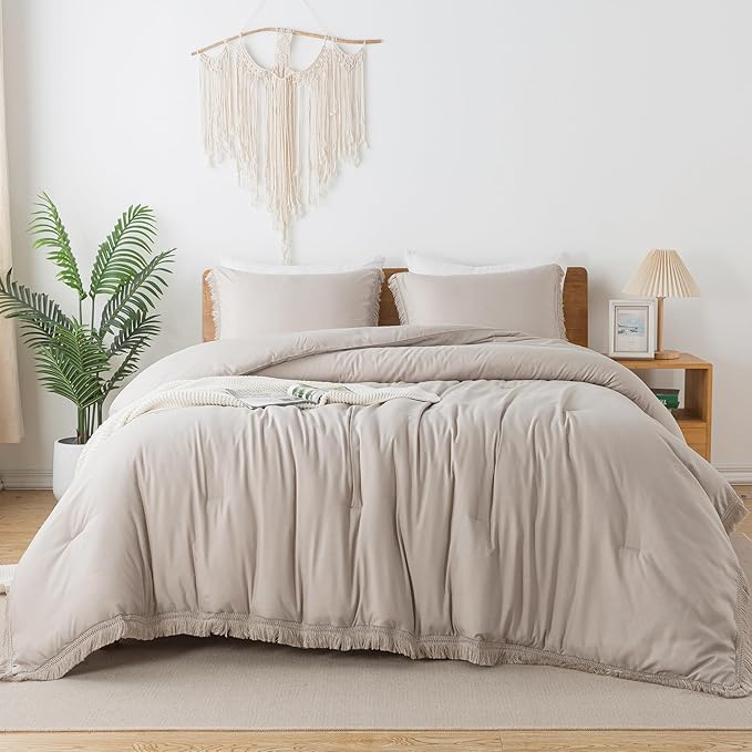 Andency Oatmeal Comforter Set Twin Size, 2 Pieces Boho Tassel Lightweight Bedding Comforter Sets, All Season Soft Fluffy Fringe Bed Set (66x90In Comforter & 1 Pillowcase)