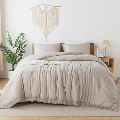 Andency Oatmeal Comforter Set Twin Size, 2 Pieces Boho Tassel Lightweight Bedding Comforter Sets, All Season Soft Fluffy Fringe Bed Set (66x90In Comforter & 1 Pillowcase)