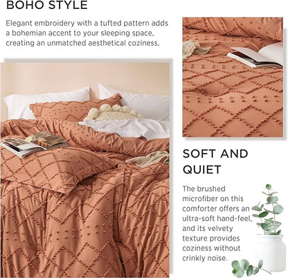 Bedsure Full Size Comforter Set - Pumpkin Comforter, Boho Tufted Shabby Chic Bedding Comforter Set, 3 Pieces Vintage Farmhouse Bed Set for All Seasons, Fluffy Soft Bedding Set with 2 Pillow Shams