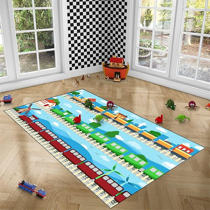 Train Rug Car Rug Play Mat Truck Rugs for Boys Room Kids Car Rug Truck Car Rug Car Carpet for Kids Kids Rugs for Playroom Car Rug for Boys Room,Light Blue 3'×5'