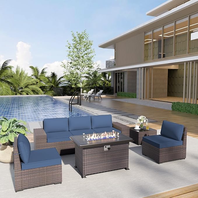 Patio Furniture Sectional Sofa Set 7-Pieces PE Rattan Patio Conversation Set w/43in Gas Fire Pit Table, Outdoor Furniture with 55000 BTU Propane Fire Pit, Navy Blue