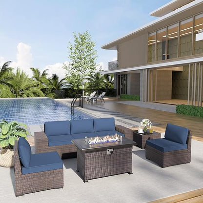 Patio Furniture Sectional Sofa Set 7-Pieces PE Rattan Patio Conversation Set w/43in Gas Fire Pit Table, Outdoor Furniture with 55000 BTU Propane Fire Pit, Navy Blue