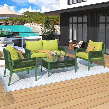 4-Piece Patio Conversation Furniture Set, Rope Weave Outdoor Loveseat Sofa with 2 Armchairs, Thick Cushion&Tempered Glass Table, for Garden Backyard, Onesize, Fluorescent Yellow+Green