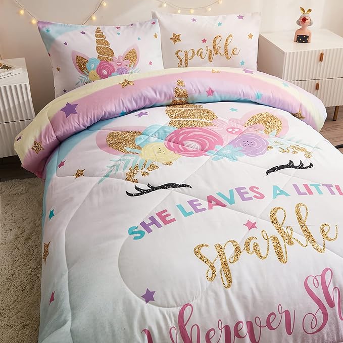 Full Size Comforter Set for Girls, 5-Piece Bed in a Bag, 3D Colorful Unicorn Bedding Comforter Sheet Set, Ultra Soft and Fluffy, Pink & Rainbow Color