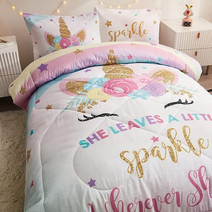 Full Size Comforter Set for Girls, 5-Piece Bed in a Bag, 3D Colorful Unicorn Bedding Comforter Sheet Set, Ultra Soft and Fluffy, Pink & Rainbow Color