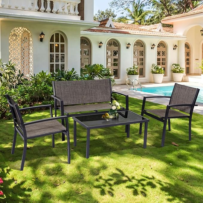 4 Pieces Patio Furniture Set Outdoor Garden Patio Conversation Sets Poolside Lawn Chairs with Tempered Glass Coffee Table Loveseat Porch Furniture Textilene Fabric Brown