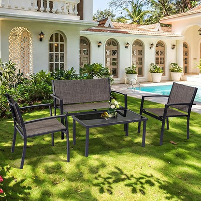 4 Pieces Patio Furniture Set Outdoor Garden Patio Conversation Sets Poolside Lawn Chairs with Tempered Glass Coffee Table Loveseat Porch Furniture Textilene Fabric Brown