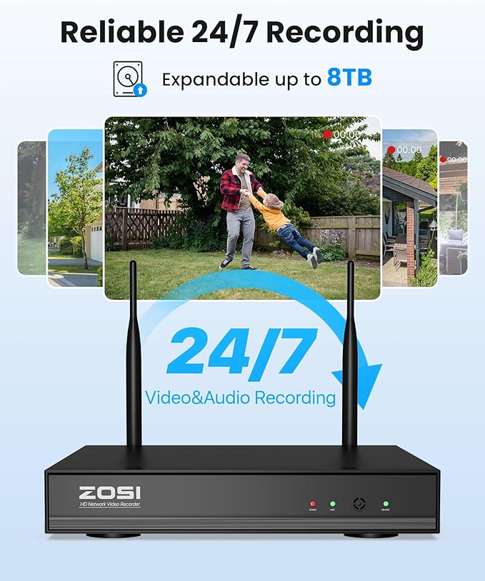 ZOSI Wireless Home Security Camera System Outdoor, 2K 3MP H.265+ 8 Channel CCTV NVR with 1TB HDD for 24/7 Record, 4 x 3MP WiFi IP Camera, Plug-in, Color Night Vision, Spotlight, Remote Access