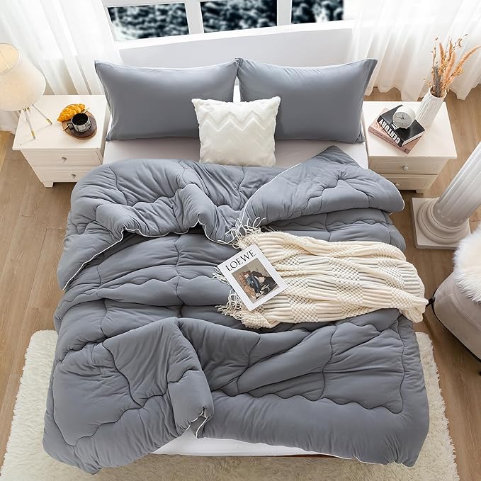 COTTEBED Ultra-Soft Warm Comforter Set Queen/Full Size Bed, Thick Milk Cup Breathable Fluffy Bedding Down Alternative & Pillowcase for Man Women Girl Winter Dark Grey