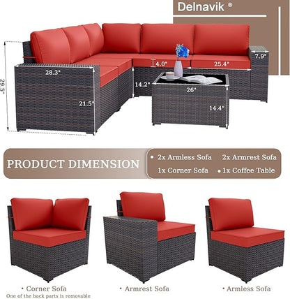 Patio Furniture Set Sofa 6-Piece Wicker PE Rattan Sectional Sofa Set, Outdoor Furniture Patio Conversation Set with Glass Coffee Table and Cushions, Red