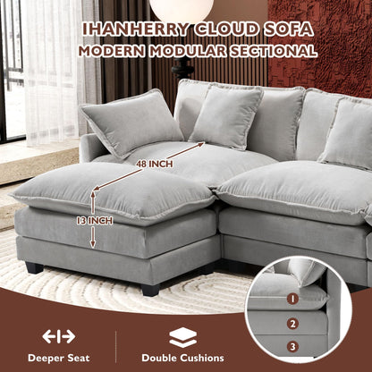 Ihanherry 111.4" L Shaped Modern Sofa Modular Sectional Cloud Couch with Ottoman, 4-Seat Chenille Deep Seat Sofa with Pillow for Living Room, Bedroom and Apartment, Beige