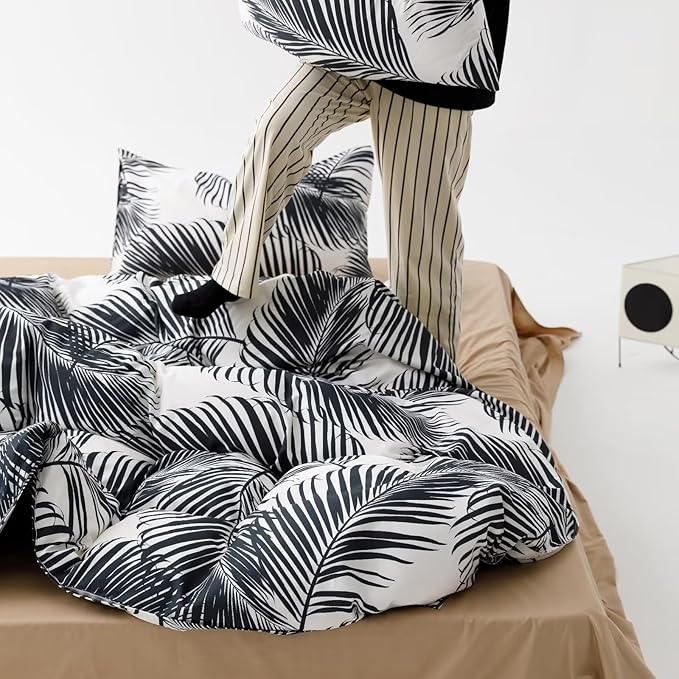 Black Leaves Comforter Queen Black and White Palm Leaf Printed Comforter Sets Modern Boho Black Tropical Botanical Leaves Bed Quilts for Women Men Soft Floral Palm Black Queen Comforters