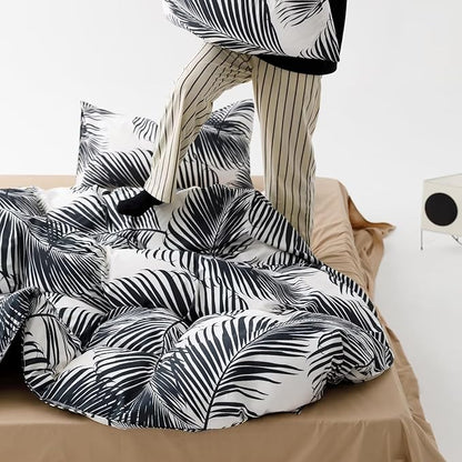 Black Leaves Comforter Queen Black and White Palm Leaf Printed Comforter Sets Modern Boho Black Tropical Botanical Leaves Bed Quilts for Women Men Soft Floral Palm Black Queen Comforters