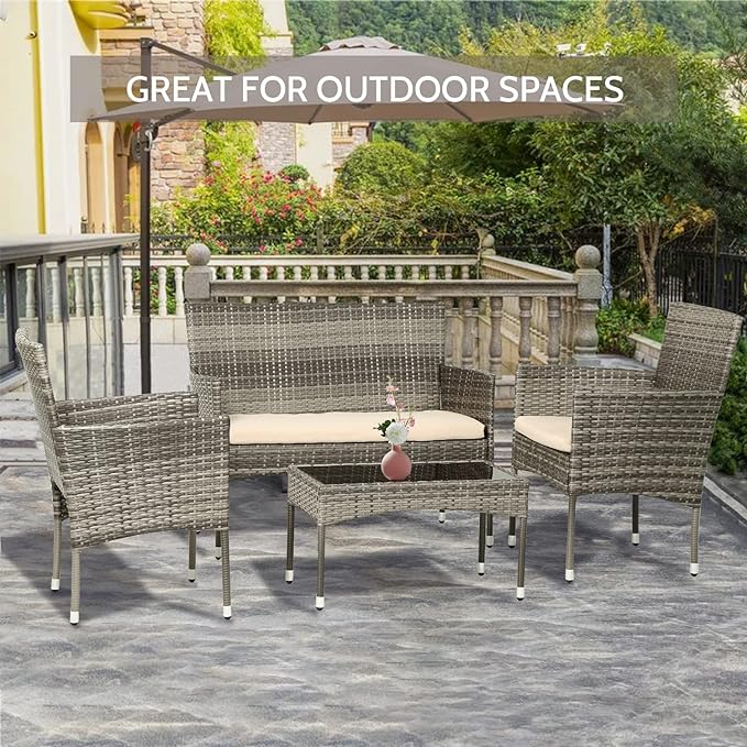 FDW Patio Conversation Set 4 Pieces Patio Furniture Set Wicker with Rattan Chair Loveseats Coffee Table for Outdoor Indoor Garden Backyard Porch Poolside Balcony,Gray Wicker/Khaki Cushions