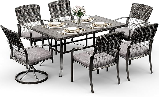 Pamapic 7 Piece Patio Dining Set for 6,Outdoor Wicker Furniture Set for Backyard Garden Deck Poolside with 4 Dining Chairs and 2 Swivel Rockers,Iron Slats Table Top, Removable Cushions(Gray)