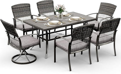 Pamapic 7 Piece Patio Dining Set for 6,Outdoor Wicker Furniture Set for Backyard Garden Deck Poolside with 4 Dining Chairs and 2 Swivel Rockers,Iron Slats Table Top, Removable Cushions(Gray)