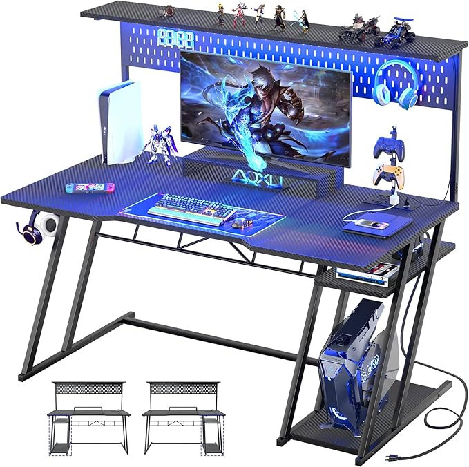 Gaming Computer Desk with Hutch and LED Lights, 55'' Black Gaming Desk with Storage Shelves, Reversible PC Gaming Desk with Pegboard, Ergonomic Desk for Bedroom, Carbon Fiber Surface