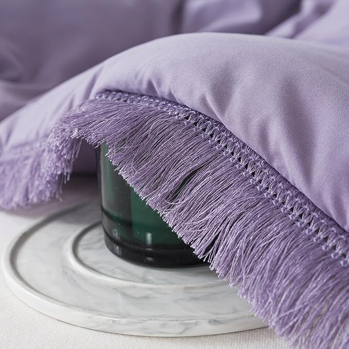 Andency Grayish Lavender Purple Comforter Set Queen, Boho Tassel Lightweight Bedding Comforter Sets, 3 Pieces All Season Soft Fluffy Fringe Bed Set (90x90In Comforter & 2 Pillowcases)