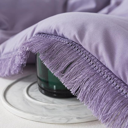 Andency Grayish Lavender Purple Comforter Set Queen, Boho Tassel Lightweight Bedding Comforter Sets, 3 Pieces All Season Soft Fluffy Fringe Bed Set (90x90In Comforter & 2 Pillowcases)
