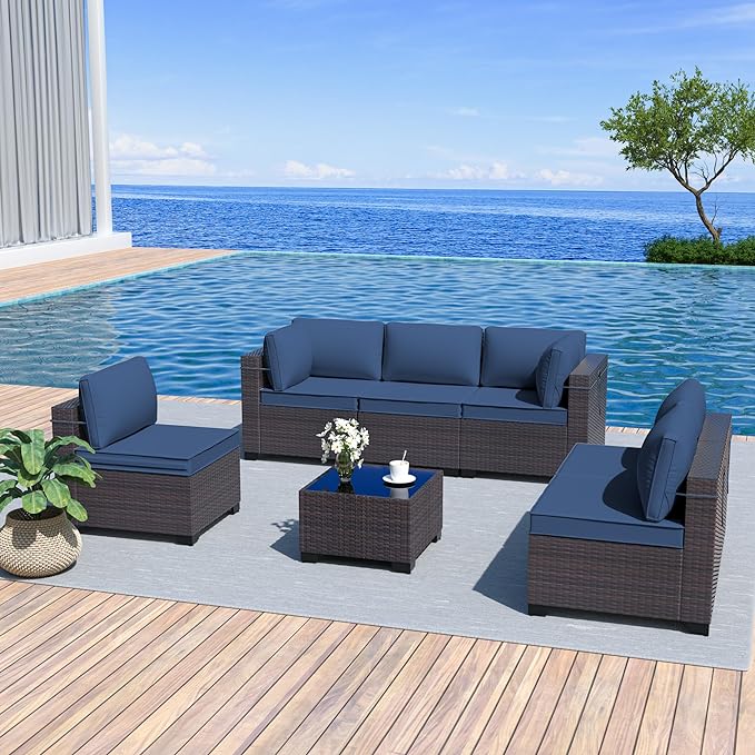 Patio Furniture Set 7-Pieces Outdoor Furniture for Backyard Wicker Sectional Sofa Set, Rattan Patio Conversation Set with Thickened Cushions and Glass Coffee Table, Navy Blue