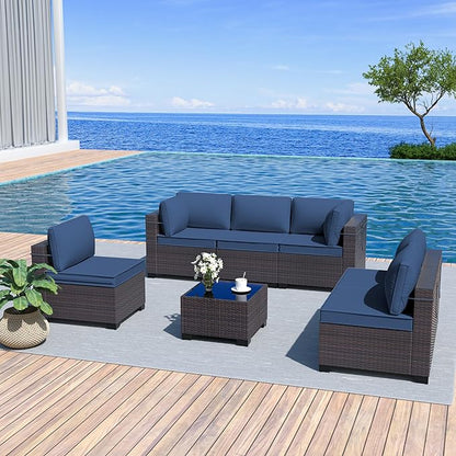 Patio Furniture Set 7-Pieces Outdoor Furniture for Backyard Wicker Sectional Sofa Set, Rattan Patio Conversation Set with Thickened Cushions and Glass Coffee Table, Navy Blue