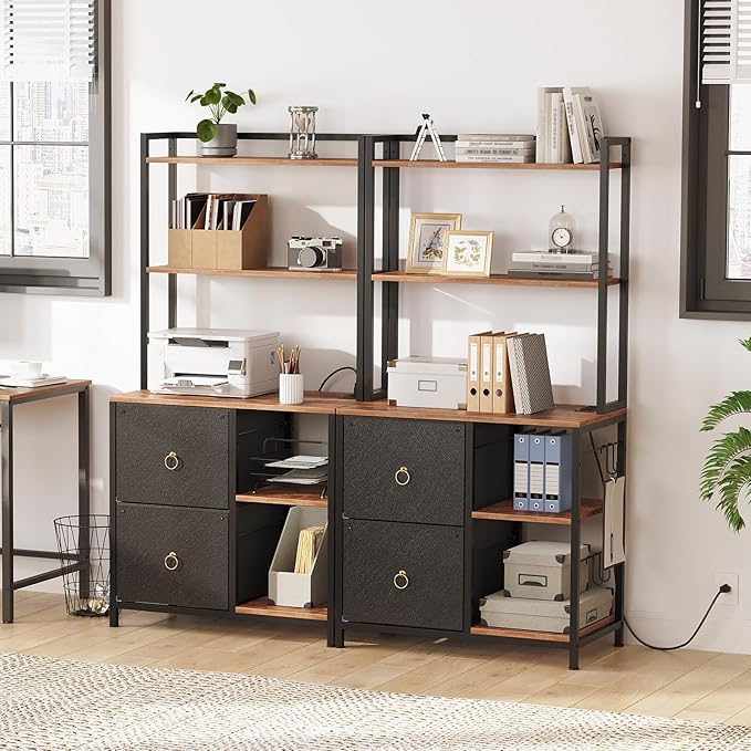 HOOBRO File Cabinet, Filing Cabinet with Charging Station, office cabinet with Bookshelf and Open Storage Shelf, for Home Office, A4/Letter Size, Nonwovens Drawer, Black and Rustic Brown BFK70UWJ01