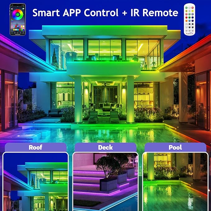 60ft Outdoor LED Strip Lights Waterproof 1 Roll,IP68 Outside Led Light Strips Waterproof with App and Remote,Music Sync RGB Exterior Led Rope Lights with Self Adhesive Back for Deck,Balcony,Pool…