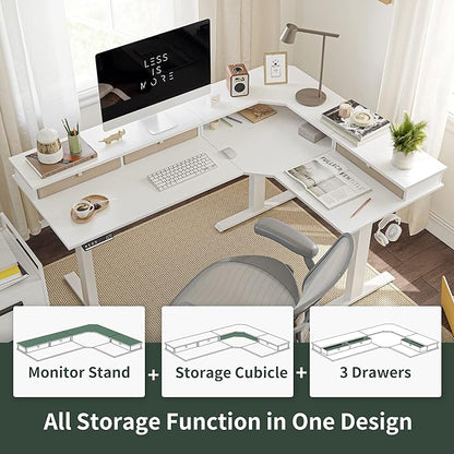 FEZIBO Triple Motor 63" L Shaped Standing Desk with 3 Drawers, Electric Standing Gaming Desk Adjustable Height, Corner Stand up Desk with Splice Board, White Frame/White Top
