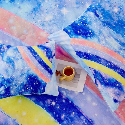 6Pcs Rainbow Girls Comforter Sets Full Size Blue Tie Dye Bed in A Bag for Kids/Teens Sparkle Galaxy Bedding Comforter Set Soft Lightweight Girls Bedding Sets for All Season