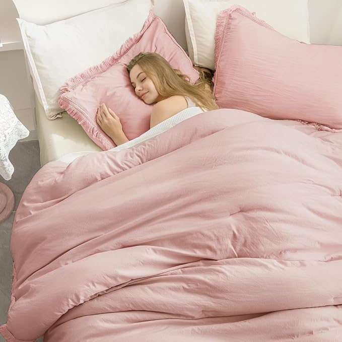 Andency Pink Comforter Set Full Size for Girls, Blush Boho Women Tassel Lightweight Bedding Comforter Sets, 3 Pieces All Season Soft Fluffy Fringe Bed Set (79x90In Comforter & 2 Pillowcases)