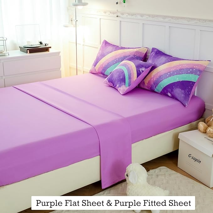 Purple Rainbow Girls Comforter Set Twin, 6 Pieces Gradient Glitter Bedding Sets for Girls Kids, 3D Galaxy Nebula Kids Girls Bed Set with Sheets for All Season