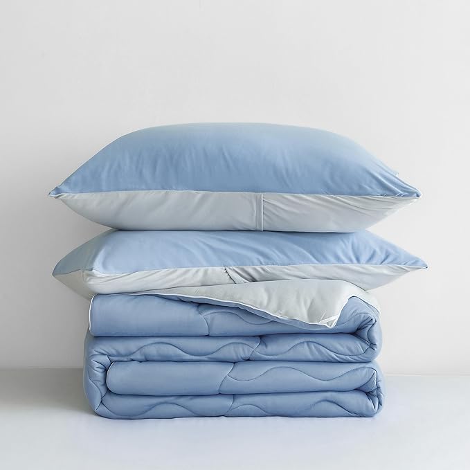 COTTEBED Reversible Light Blue and Grey Bed Comforter Twin Set, Jersey Knit T-Shirt Feel Ultra-Soft Lightweight Bedding Blanket Quilt & Pillowcase for Kid Boy Girl College Dorm All Season(Twin/TwinXL)
