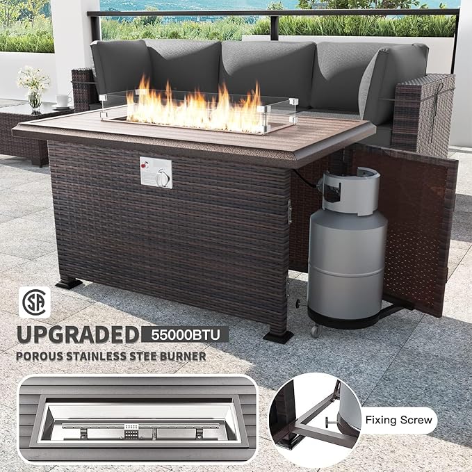 Kullavik 8 Pieces Outdoor Patio Furniture Set with 43" Gas Propane Fire Pit Table PE Wicker Rattan Sectional Sofa Patio Conversation Sets,Grey