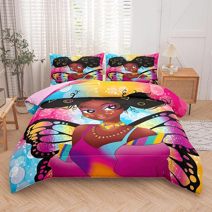 Tailor Shop Fantasy Black Girl Comforter Set Rainbow Butterfly Twin Size Bedding Sets for Girls Kids Kawaii Magic African American Black Girl Bedding Set with 1 Pillowcase Girls Room Decor