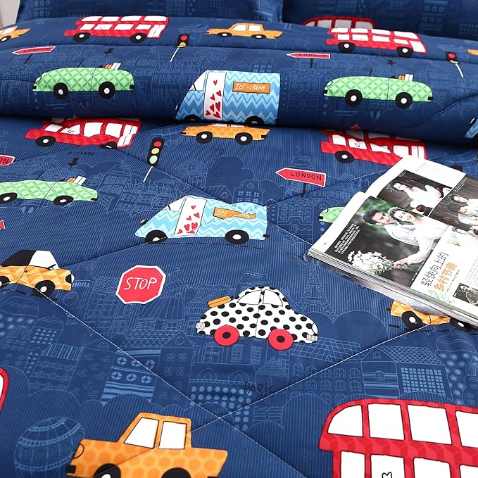 MAG 3Pcs Cartoon Car Bedding Comforter Set, Blue Cute Base Full/Queen Comforter Set,for Toddlers Kids,Boys Teens and Girls,Super Soft Microfiber, Full/Queen Size
