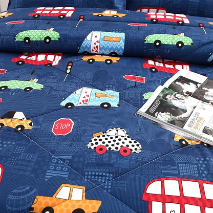 MAG 3Pcs Cartoon Car Bedding Comforter Set, Blue Cute Base Full/Queen Comforter Set,for Toddlers Kids,Boys Teens and Girls,Super Soft Microfiber, Full/Queen Size