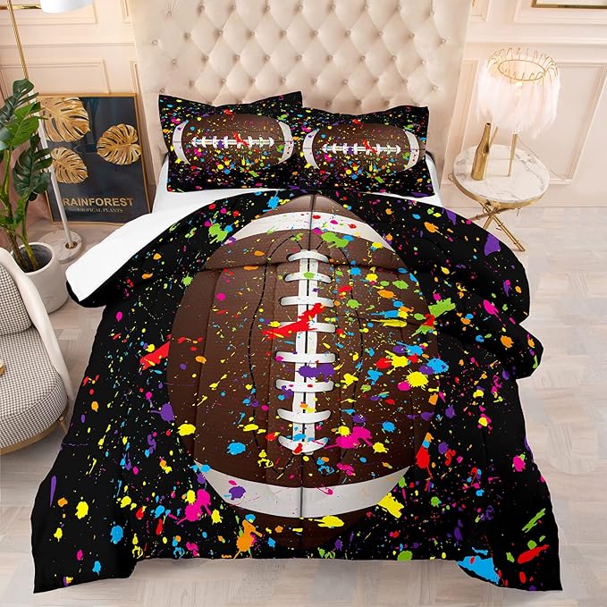 Tailor Shop Football Comforter Set for Boys Teens Kids Black Splash Ink Colorful Sports Football Bedding Set Queen Size with 1 Comforter 2 Pillow Shams……