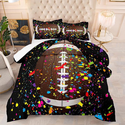 Tailor Shop Football Comforter Set for Boys Teens Kids Black Splash Ink Colorful Sports Football Bedding Set Queen Size with 1 Comforter 2 Pillow Shams……