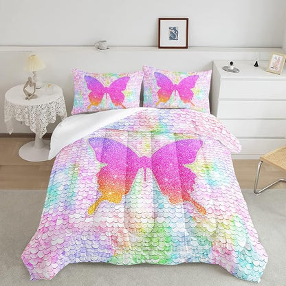 CVHOUSE Butterfly Bedding Set,Butterfly Comforter Twin,Butterfly Comforter Set for Girls Kids Teens,Butterflies Quilt Set with 1 Comforter and 2 Pillow Cases- 3 Piece
