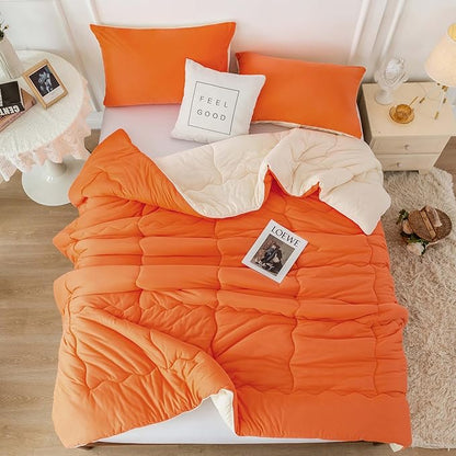 COTTEBED Reversible Ultra-Soft Bright Orange and Beige Comforter Set Queen, Jersey Knit T-Shirt Feel Bedding Blanket Down Conforters Sets & Pillowsham for Men Women All Season Use, Full/Queen Size Bed