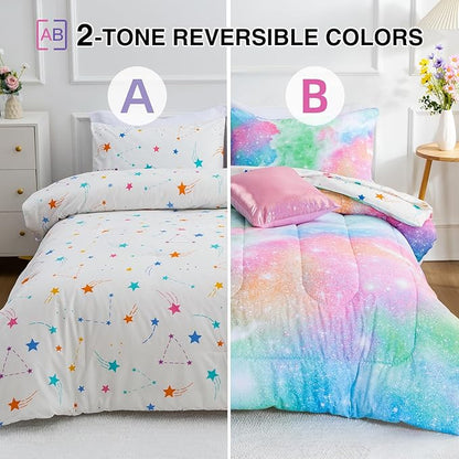 A Nice Night Galaxy 6pcs Kids Bed in a Bag Outer Space Comforter 3D Printed Space Quilt Set Glitter Pink Green Color,for Children Boy Girl Teen Kids,Twin