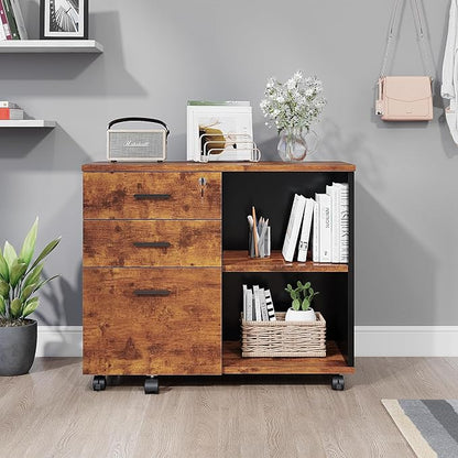Wood File Cabinet, 3 Drawer Mobile Lateral Filing Cabinet On Wheels, Printer Stand with Open Storage Shelves for Home Office (Wood)